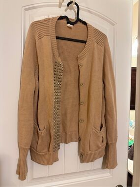 J. Crew Camel Studded-Trim Button Cardigan